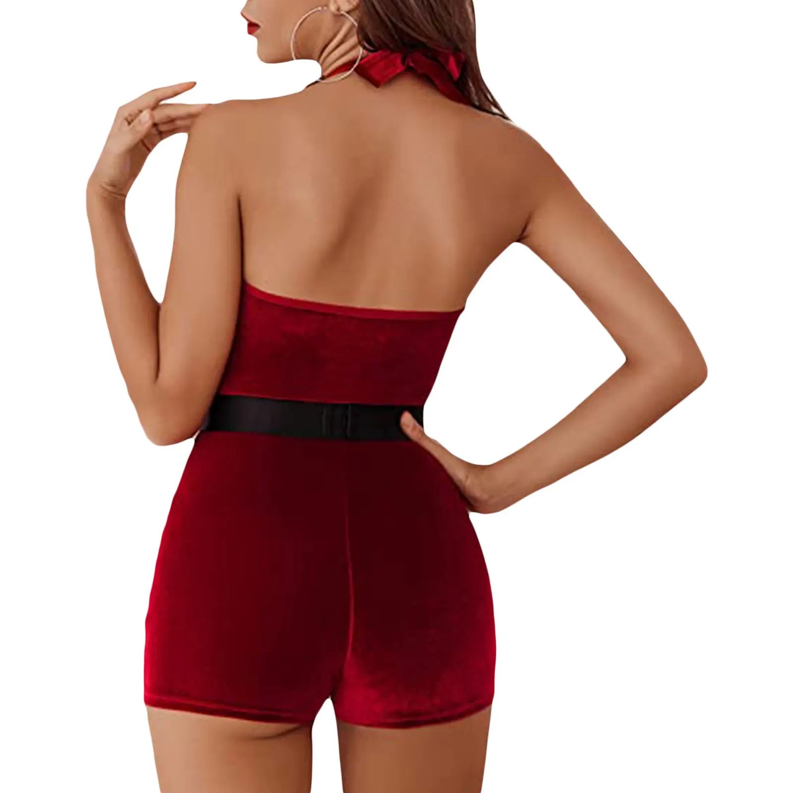 2026 New Years Sexy Women's Mrs. Claus Costume Rompers Xmas Ladies Sleeveless Faux Fur Trim Halter Romper Short Jumpsuit