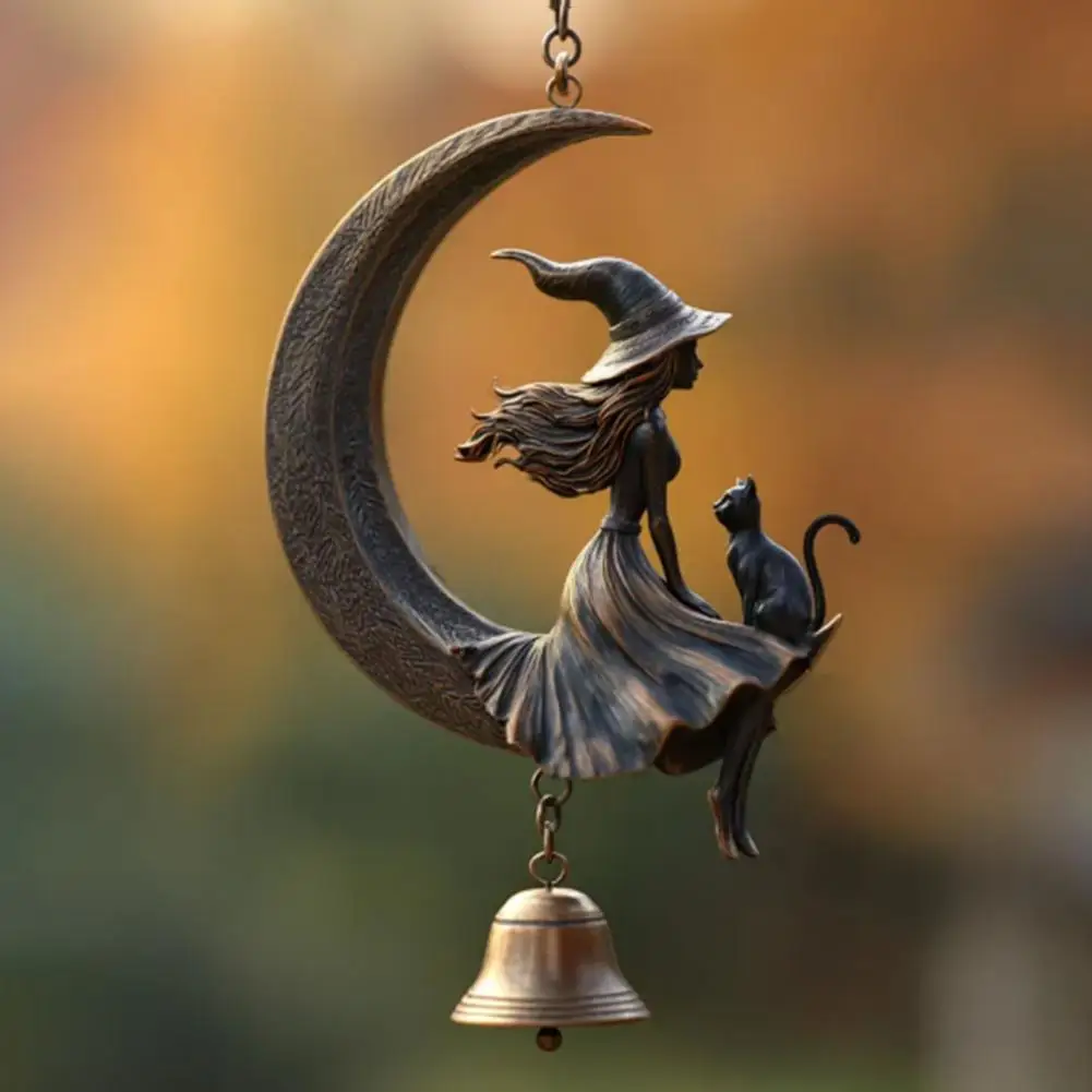 Witch Wind Chime Halloween Witch Black Cat Moon Wind Chime for Garden Patio Decor Metal Hanging Bell Ornament with Cat for Lawn