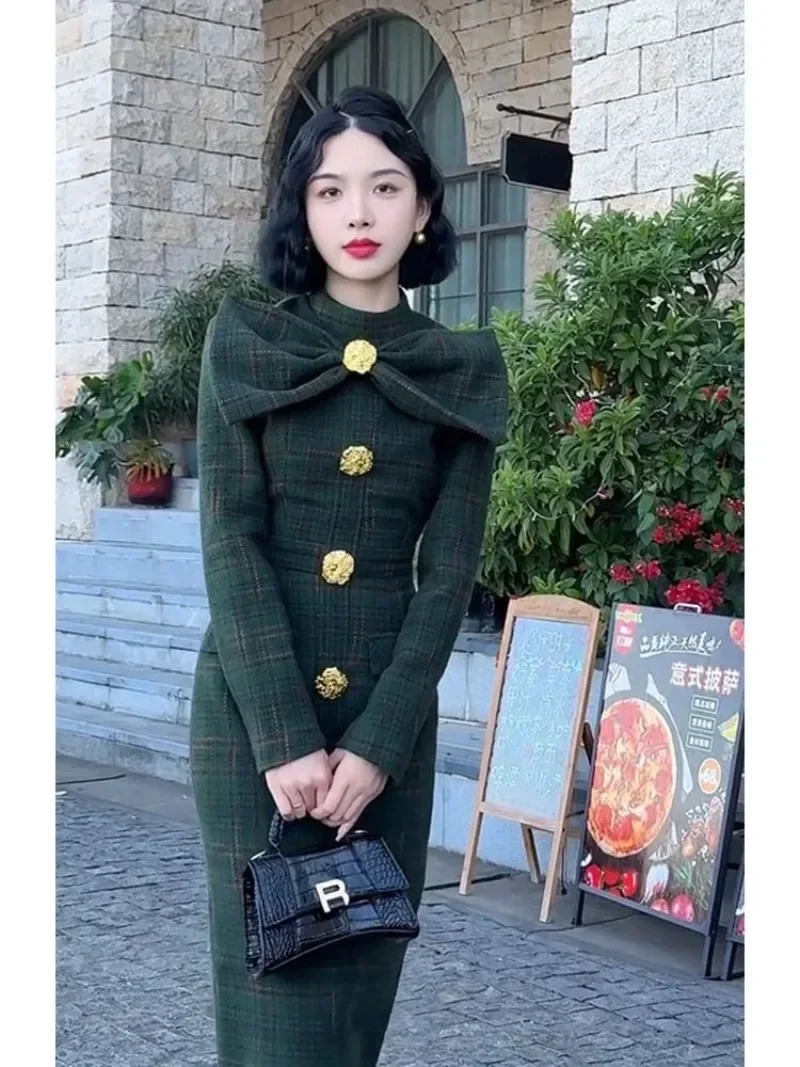 Miiiix Korean Fashion Retro Green Plaid Dress 2024 Women's High-end Butterfly Bow Socialite Long Dresses Female Clothing