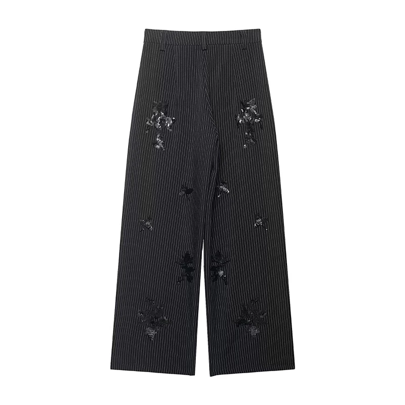 YENKYE New 2026 Women Fashion Embroidery Sequin Striped Pants Office High Waist Wide Leg Trousers