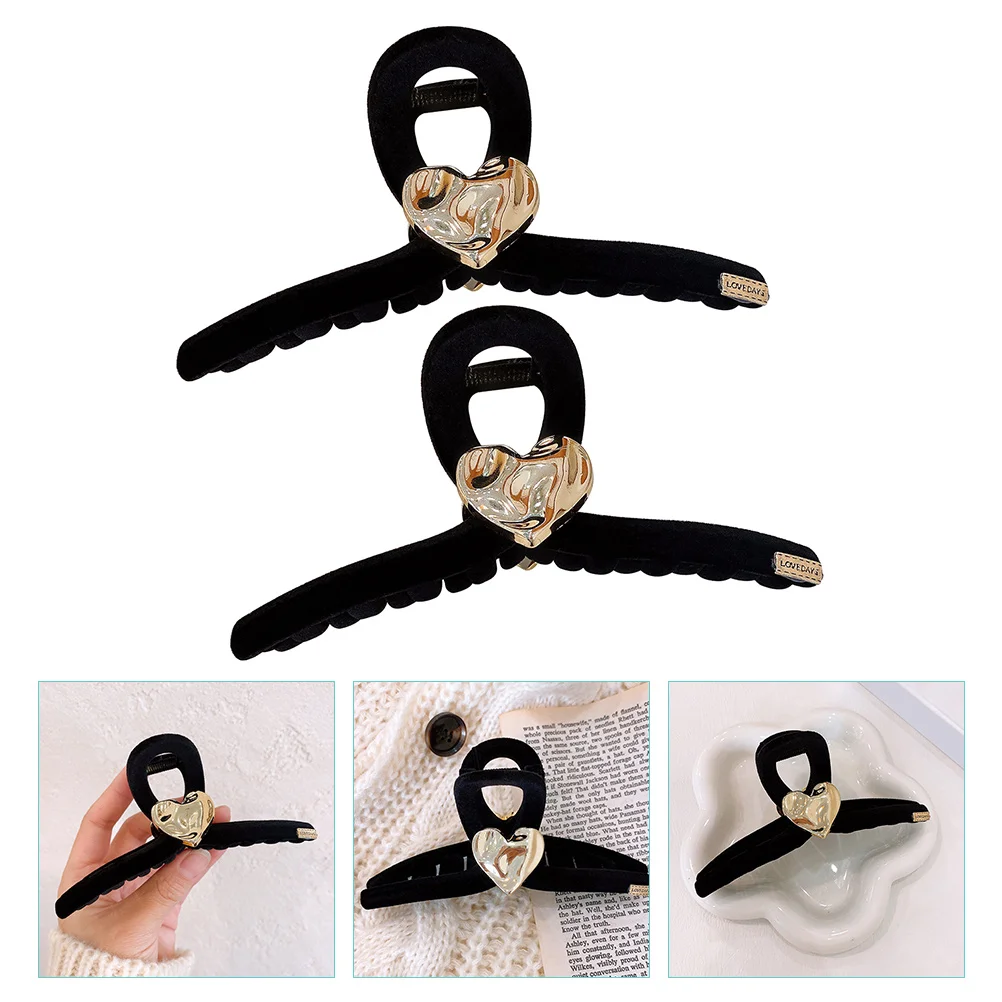 

2Pcs Heart Shaped Claw Clips Black Large Hair Accessories Flocking Material Styling Tool for Thick Thin Hair Suitable Office