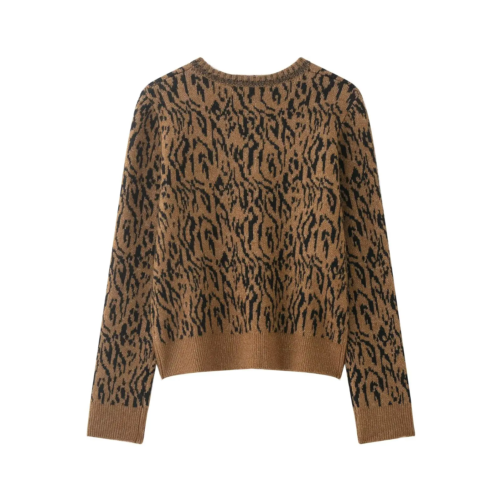Zevity 2026 Women Vintage Leopard Pattern Jacquard Knitting Sweater Female Chic Pearl Beading Buttons Cardigan Coats Tops CT9486