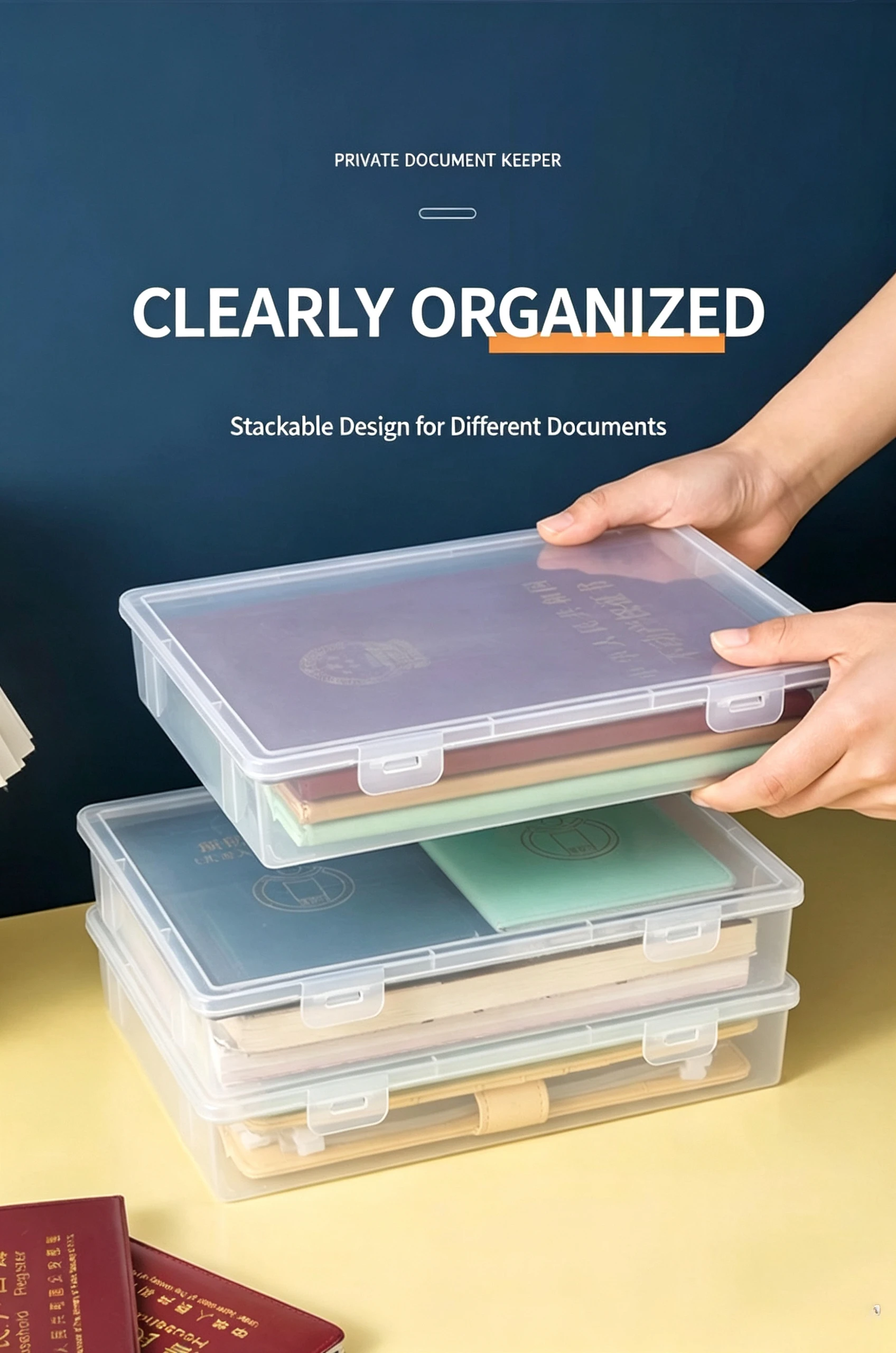 Home Important Document Storage Box, Transparent  Plastic File Case, Stackable Certificate Holder for Passport & Contracts