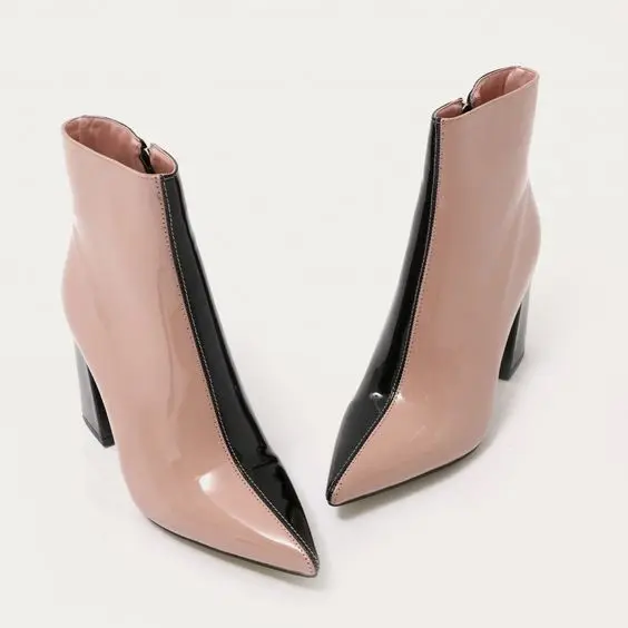 

Gladiator Leather Patchwork Pointed Toe Ankle Boots Lady Chunky High Heel Zip Design Boots Women Dress Shoes 2024 Fashion