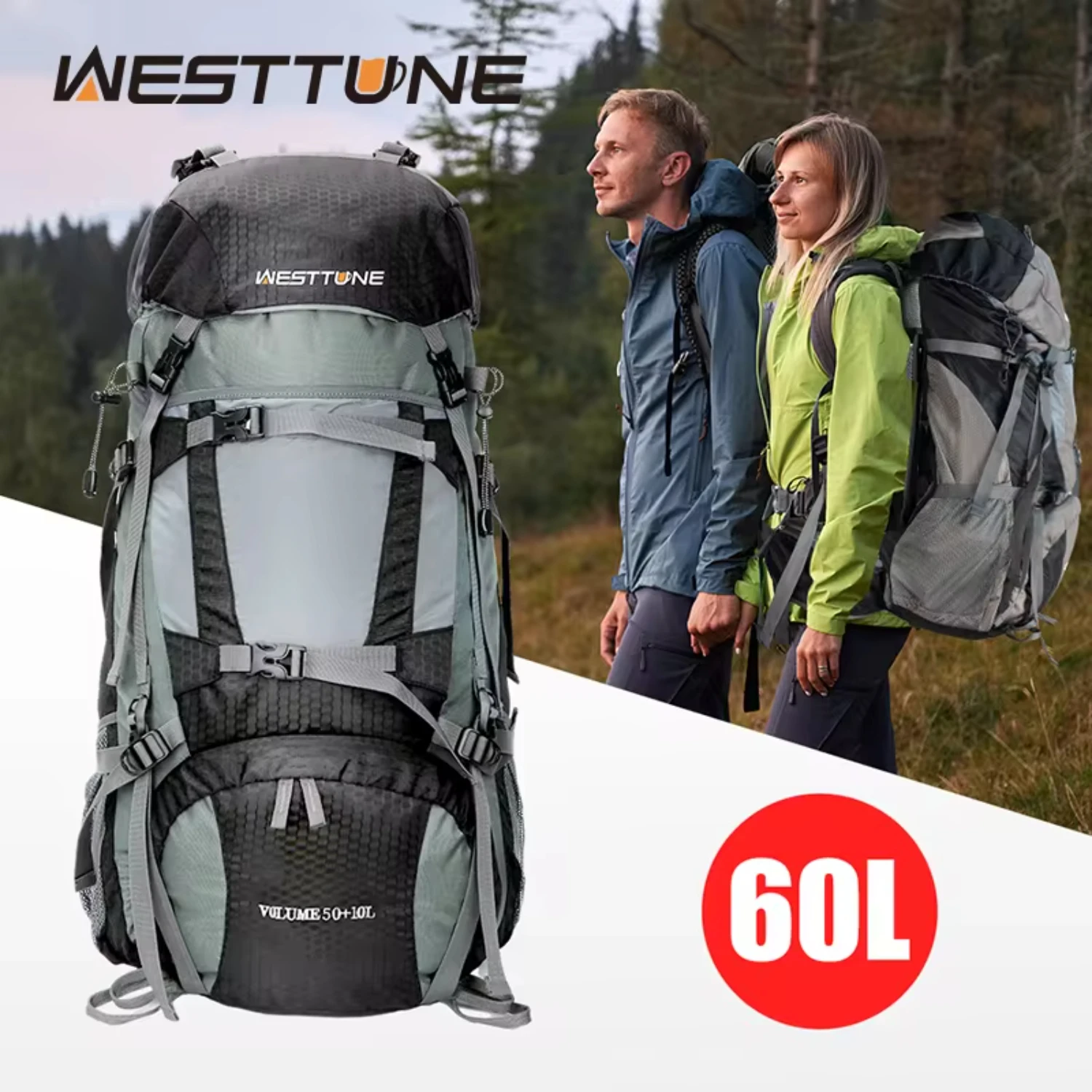 

New WESTTUNE 60L Explorer Internal Frame Backpack with Rain Cover Outdoor Backpack Hiking Camping Backpacking Travel