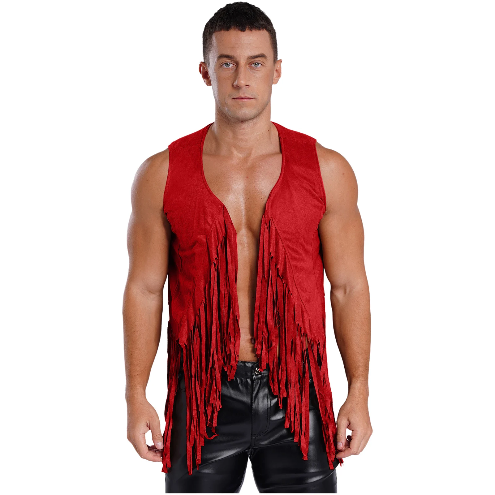 

Mens Vintage Hippy Cowboy Vest Jackets Coat Sleeveless Open Front Fringe Waistcoat Tops Carnival Theme Party Cosplay Clubwear