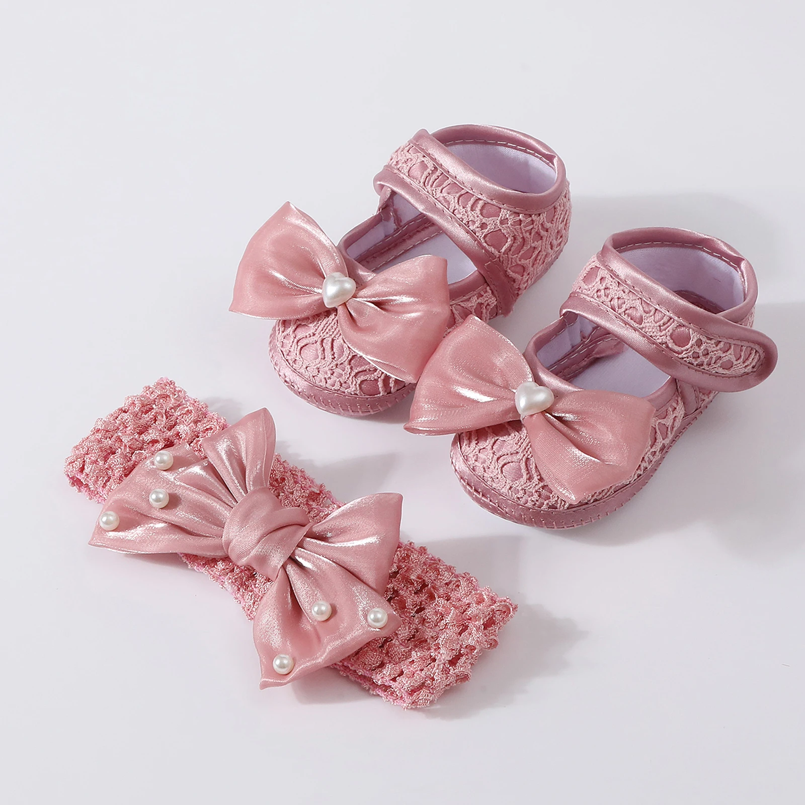 

0-12months Infant Girls Baptism Shoes and Headband Dainty Pearl Bow shoes for baby girls