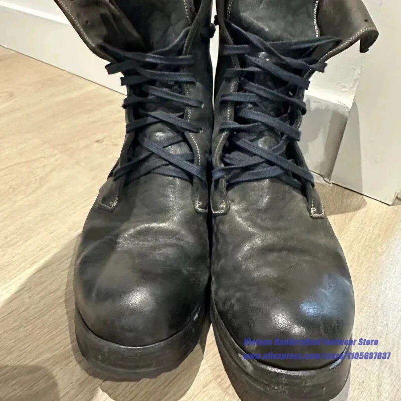 Black Leather Cross Strap Lace Up Men's Boots Round Toe Lace Up Punk Short Boots ﻿luxury Designer Handcrafted Men's Boots