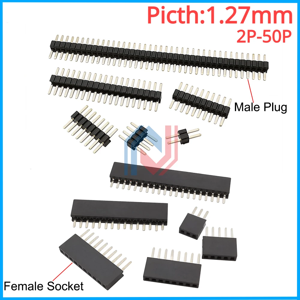 

10Pcs/lot 1.27 mm Single Row Male Female Plug Socket Breakaway PCB Board Pin Header Connector 1.27mm Strip Pinheader 2P-50Pin
