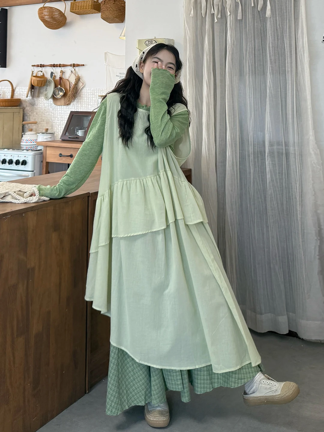 

plus Size Women's Summer Loose Fit Long Sve Dr Set Tee Pieces Korean Sle Commute High Waist A-Line Skirt Slimming