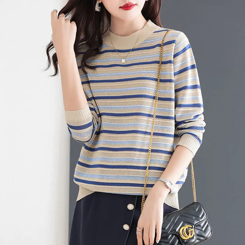 Vintage Loose-fitting Pullovers 2022 Korean New Popularity Spring Autumn O-Neck Striped All-match Leisure Women\'s Clothing Trend