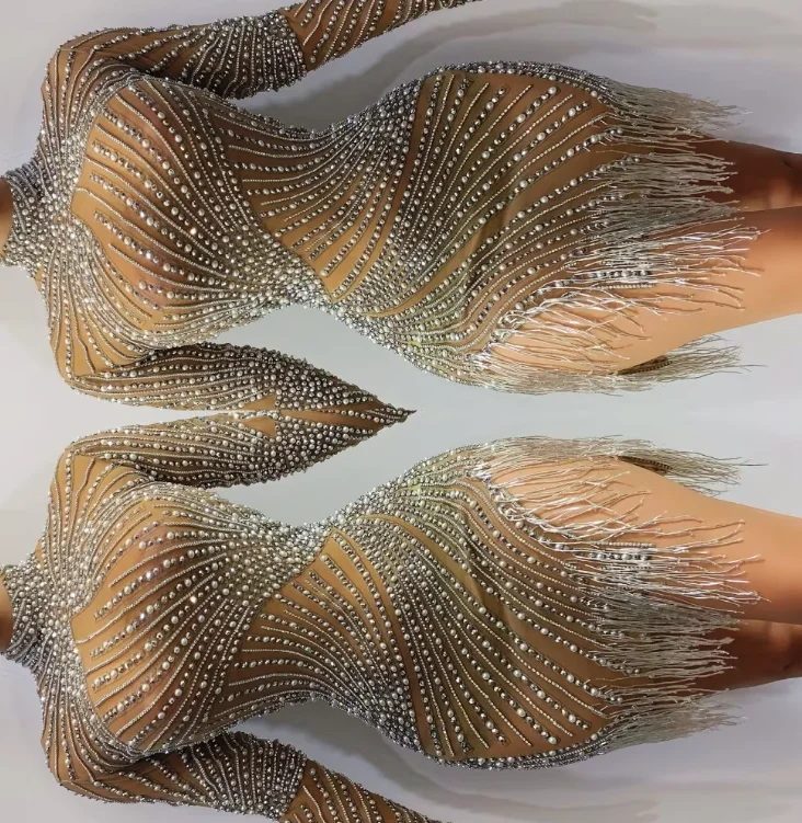 

women sexy costume sparkly diamond Pearl dress dance nude Fringe long sleeve Tightshort dress customes