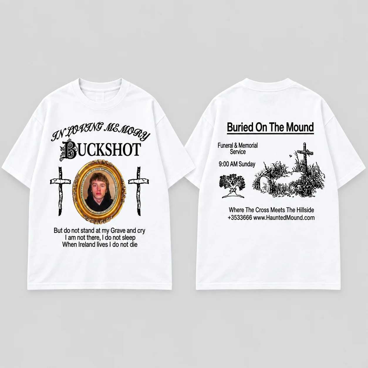 Übergroßes T-Shirt mit Rundhalsausschnitt für Damen und Herren in Loving Memory Buckshot Funeral Cross Rap Gothic Dark Vintage Kurzarm-T-Shirt – Detail 5