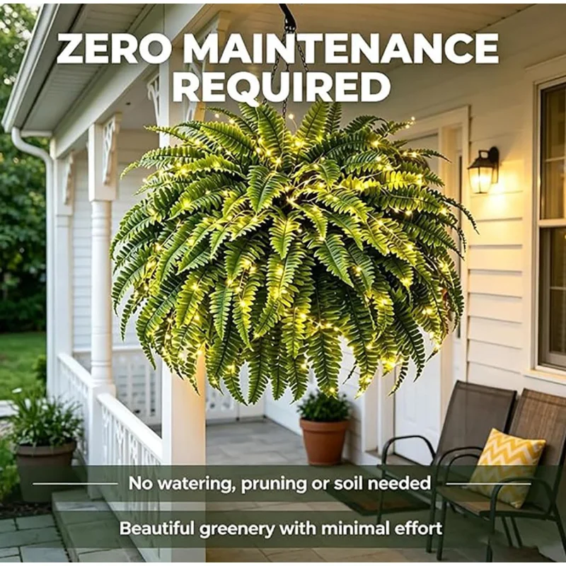 Large Lighted Artificial Boston Fern Uv Resistant No Watering Fade‑resistant Hanging Plant Home Garden Yard Courtyard Decoration