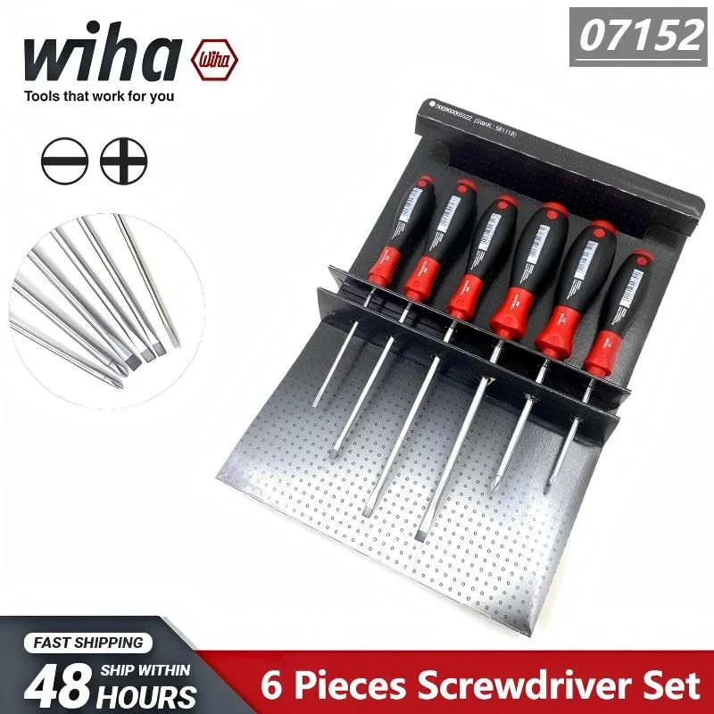 Wiha 07152 6-Piece Screwdriver Set Slotted Cross-head Chrome Plated Ergonomic Handle Repair Hand Tool for Home Workshop