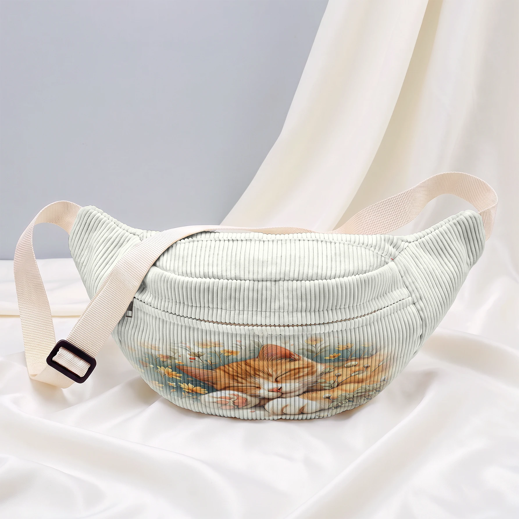Corduroy Sleeping Orange Cat Print Fanny Pack Adjustable Crossbody Waist Bag For Travel Sports Daily Use