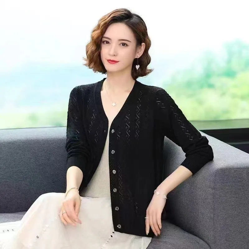 V Neck Sweater Women Spring Women Clothing Long Sleeve Hollow Out Sweater Cardigan Solid Thin Knitwear Single-breasted