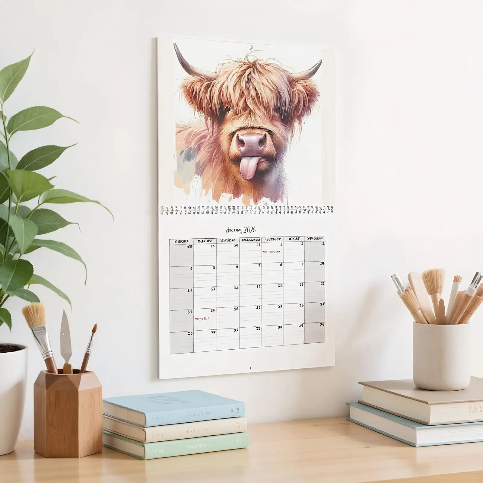 2026 Calendario da parete Calendario per bovini delle Highland Divertente mucca delle Highland Carta spessa Pianificatore mensile Decorazioni murali per la casa Regali di Capodanno