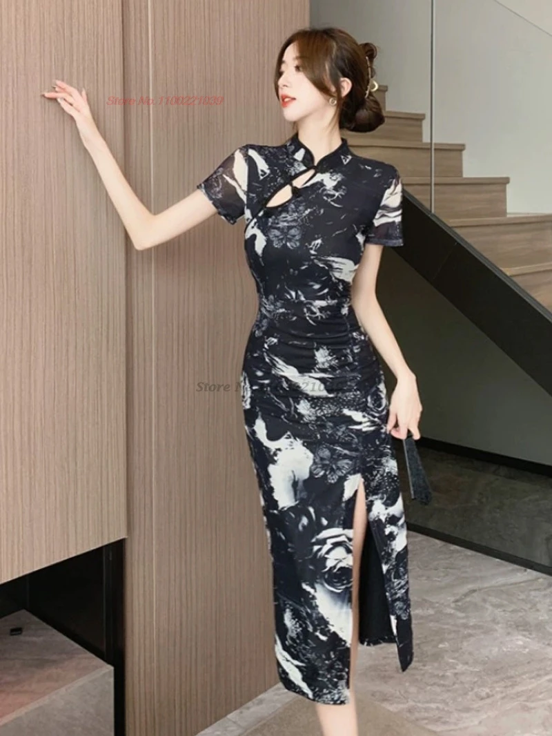 

2026 chinese sexy dress qipao improved cheongsam vintage flower print mesh qipao traditional nightclub banquet evening dress