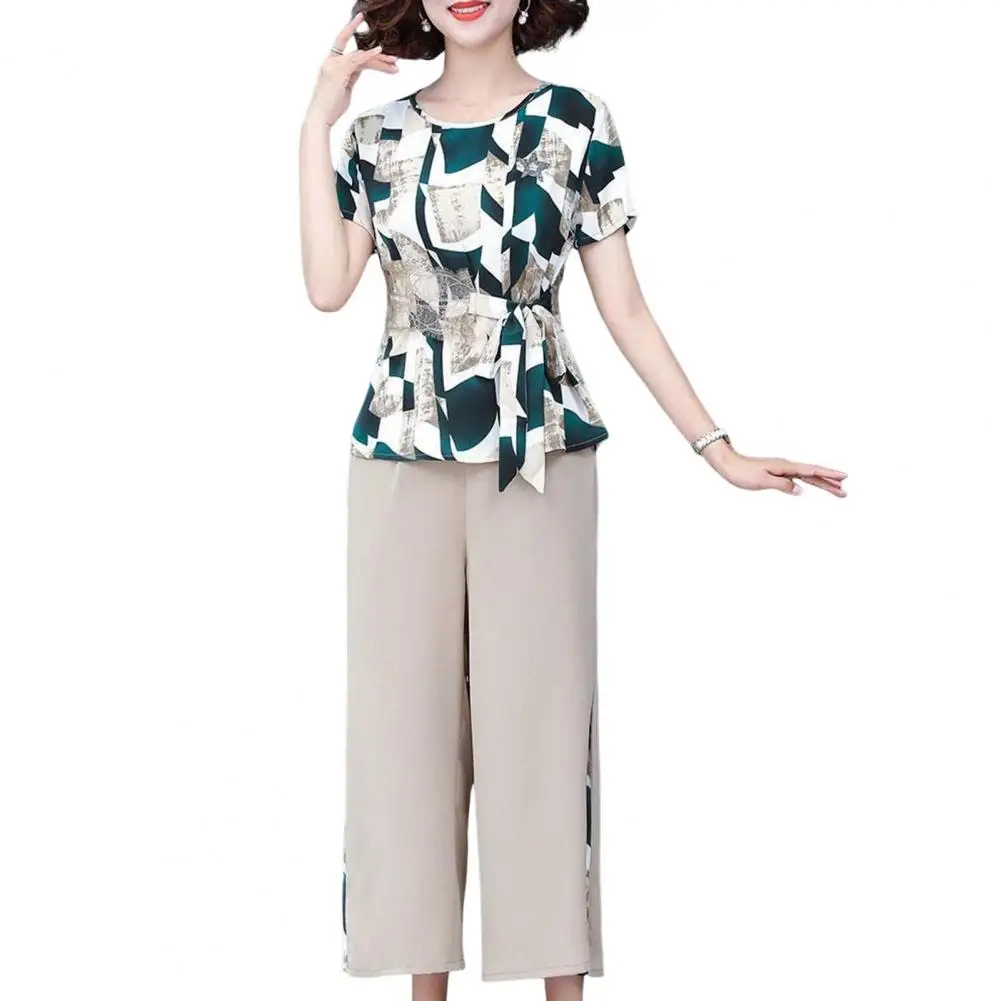 Women Two-piece Suit Floral Print Women's Top Pants Set with Lace-up Detail Plus Size Mid-aged Female Suit with Wide Leg