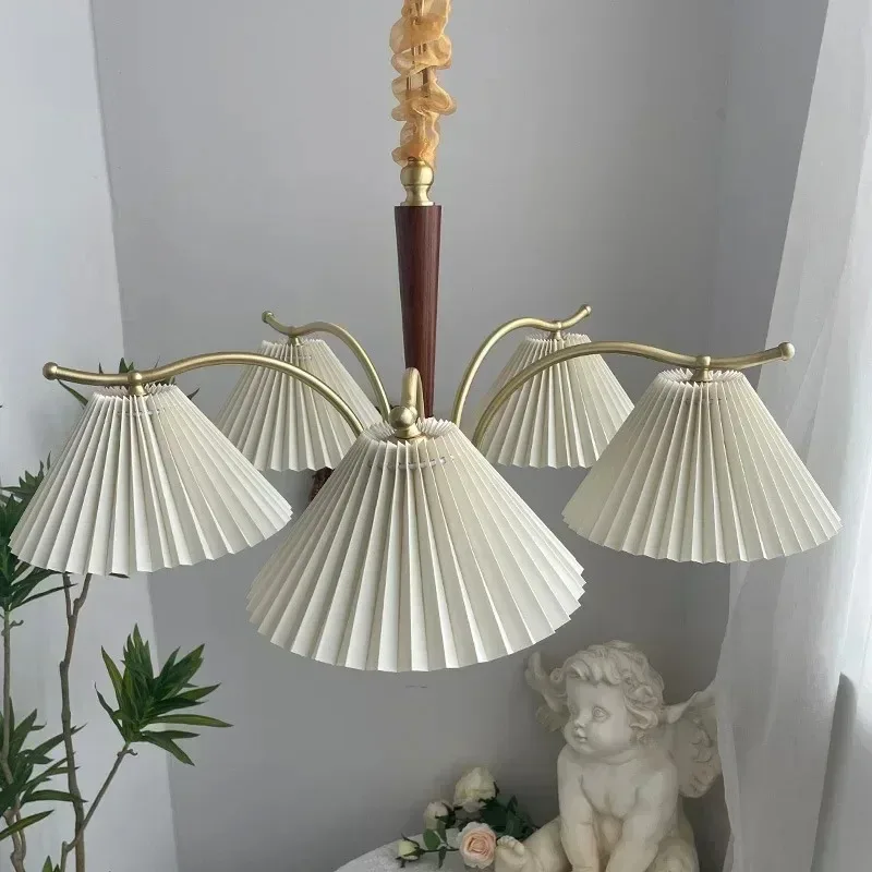 

Amerian Retro Ceiling Chandelier Home Decoration Pleated Fabric Lampshade Bedroom Living Dining Room Homestay Hanging Chandelier