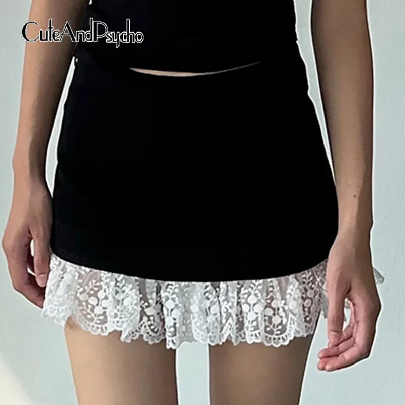 

Cuteandpsycho Vintage Lace Mini Skirts Sweet Mid Waist Patchwork Casual Outfits Chic Streetwear Aesthetic Cute Straight Bottoms