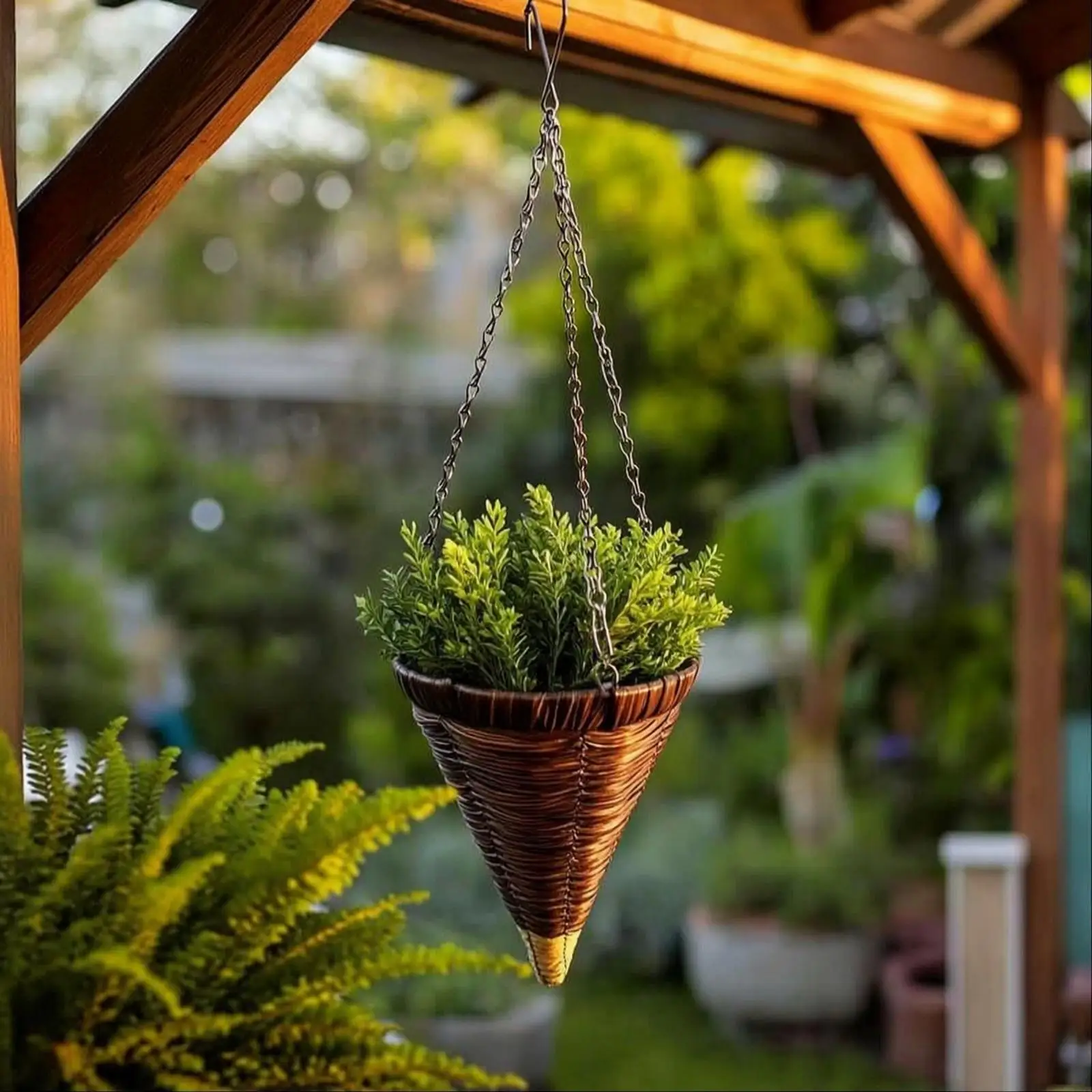 Decorative Wreath Cone Planter Woven Rattan Look with Sturdy Metal Chains Slim Hanging Basket Rustic Door Accent for Garden