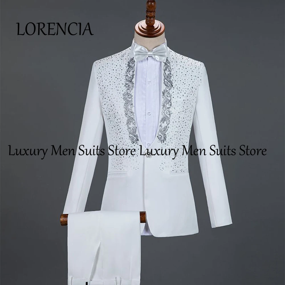 

Sparkly Crystal Male Suit 2 Pieces Single Breasted Tuxedos Wedding Party Outfits Customized Blazer Pants trajes para hombre