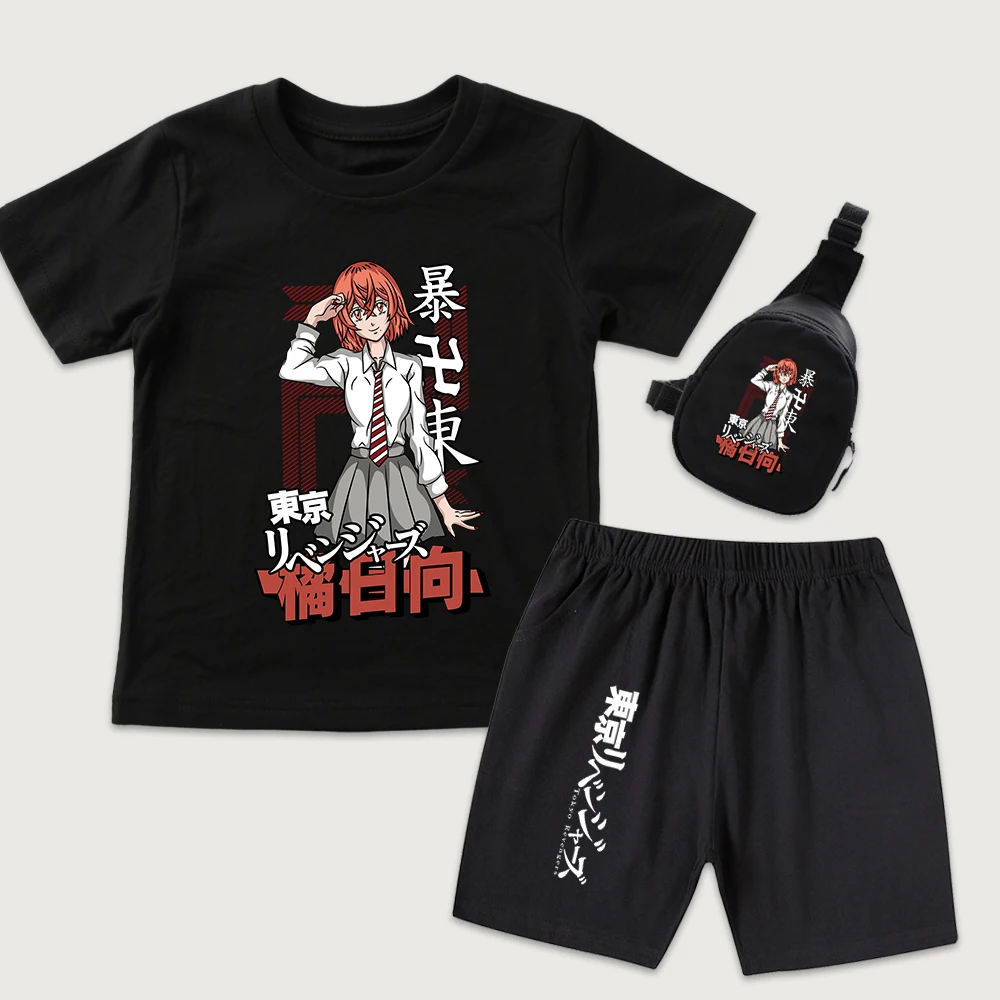 Tokyo Revengers Hinata Tachibana Anime Print Kids Cotton T Shirt Shorts Mini Chest Bag 3 Piece Set for Boys Girls Summer Outfit