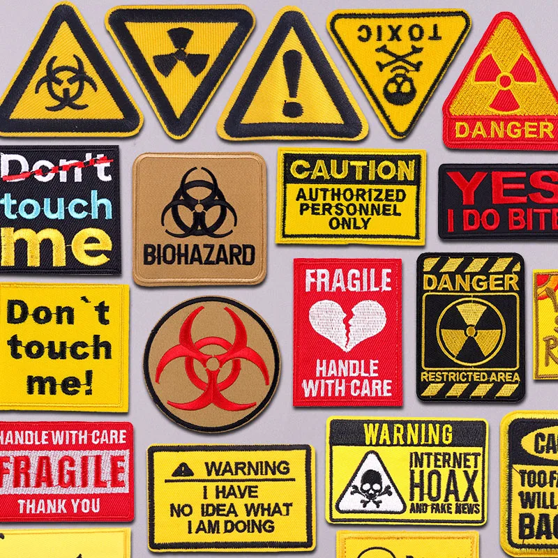 Warning Signage Patch Iron On Patches For Clothing Danger Warning Sign Letter Embroidery Patches On Clothes DIY Fusible Patch