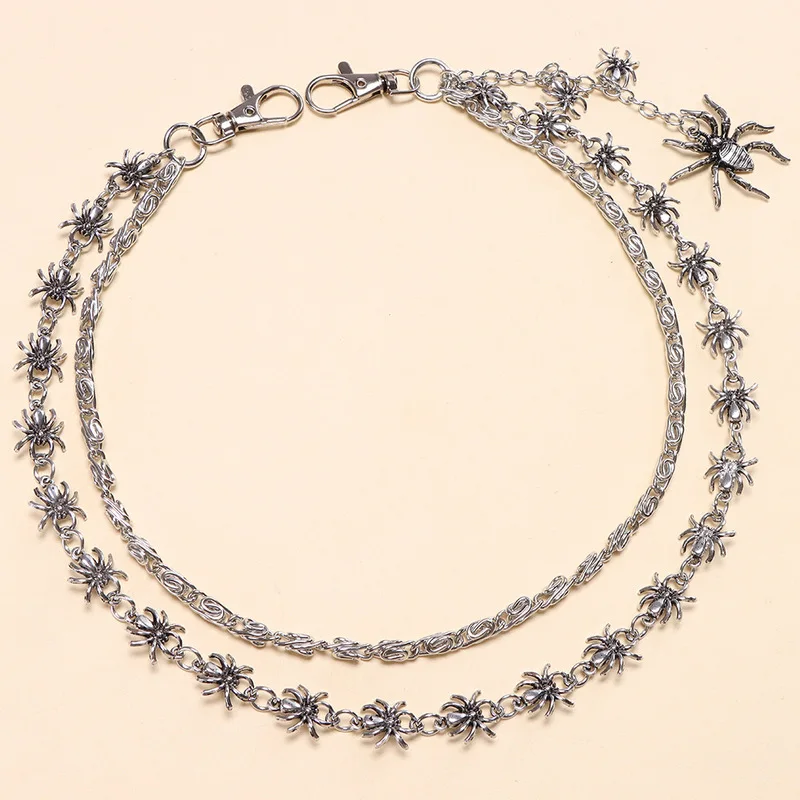 Spider Charms Multi‑Layer Pants Chain Silver Metal Waist Chain Punk Gothic Jeans Keychain Hip‑Hop Street Decor Accessory