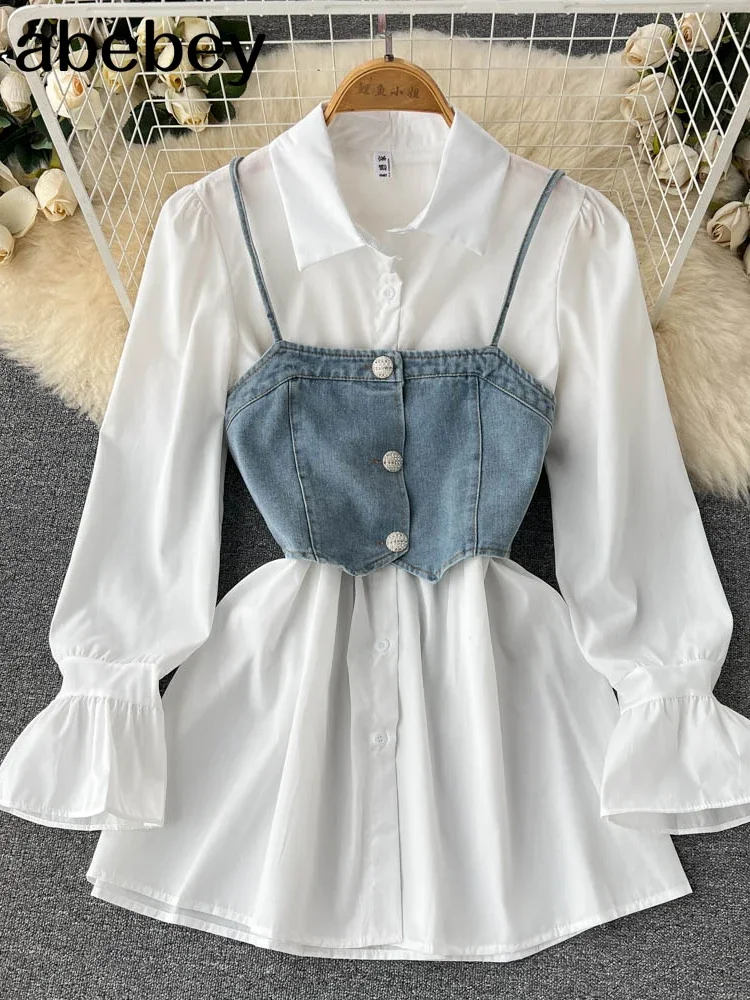 Autumn Fashion Dress Two Pieces Suits Ruff Sleeve White Shirt Dress+Mini Denim Camis Suits Women Streetwear Slim Set