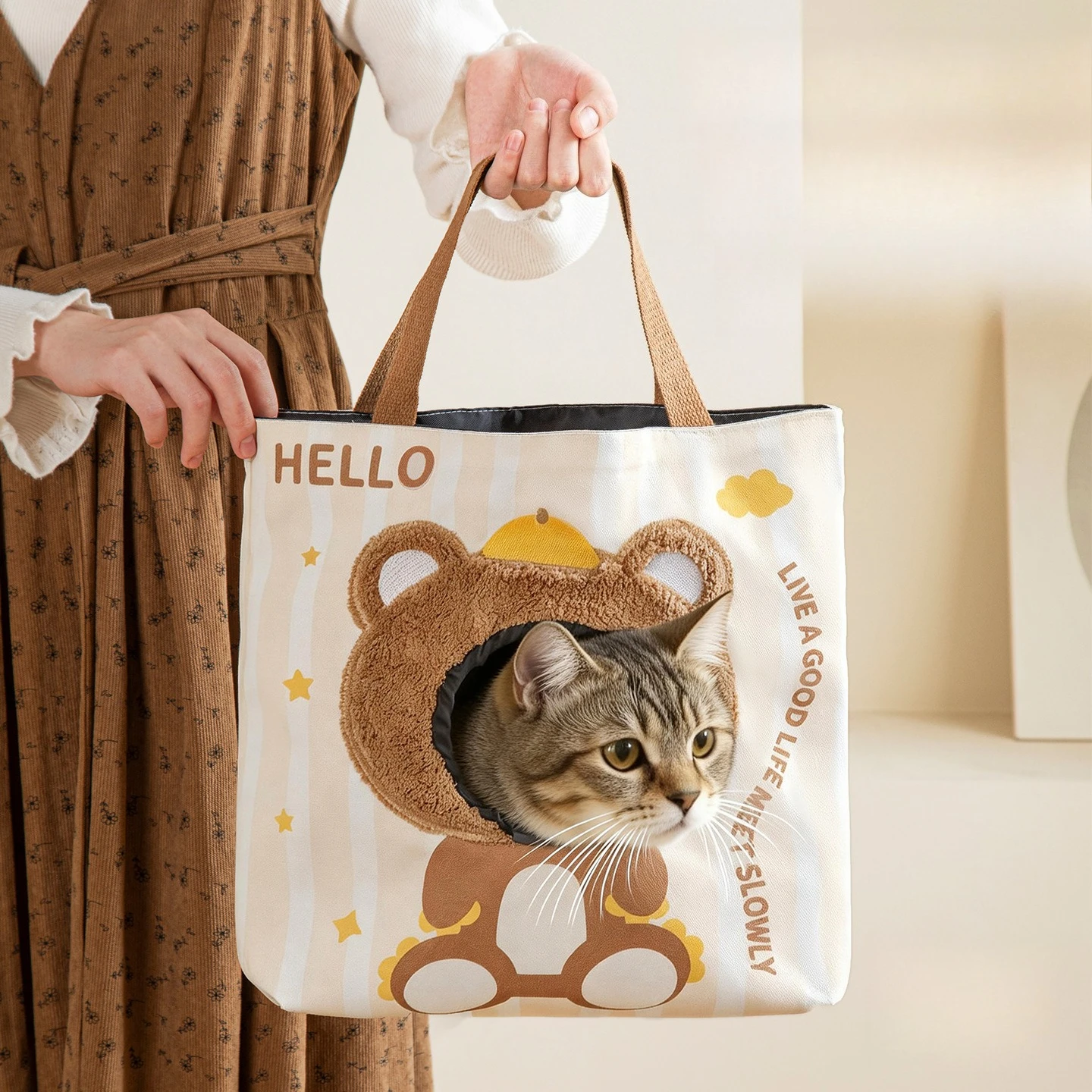 Outdoor Cat Bag, Portable Small Pet, Exposed Cartoon Tote Bag, Breathable Canvas Dog Bag, Large Capacity Cat Bag