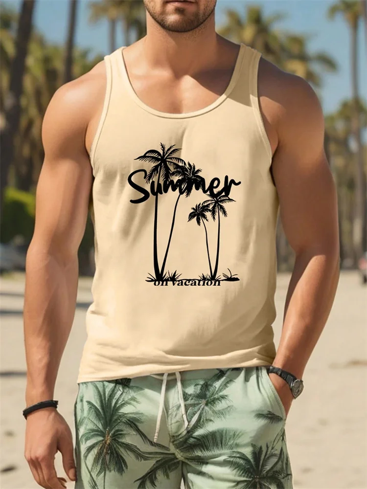 2024 New Men\'s Hawaiian Sleeveless Vest Summer Beach Lifeguard Casual Wear Men\'s Crew Neck Outdoor Sports T-Shirt Top S-5Xl