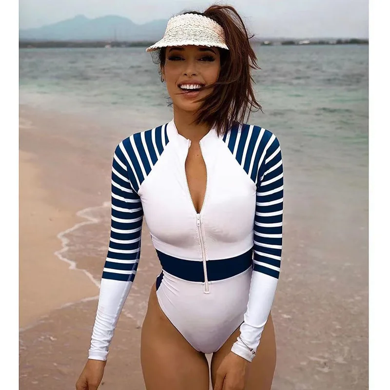 2026 New Women Long Sleeve One Piece Rash Guard Swimsuit Front Zipper Navy White Striped Surf Bathing Suit UPF50+ Beach Swimwear