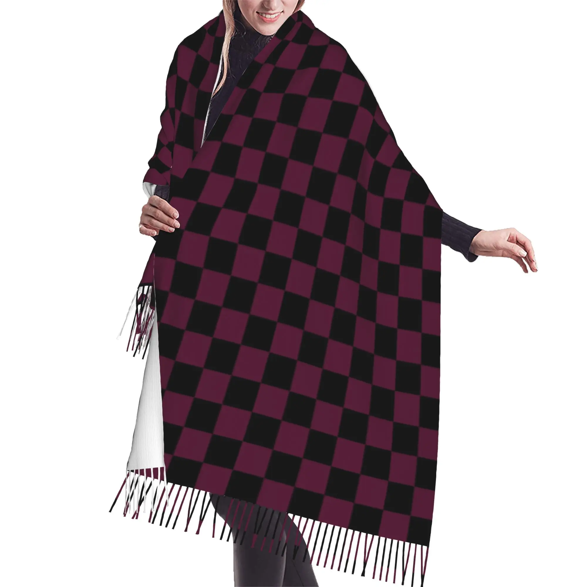 Custom Black And Burgundy Squares Checkerboard Pattern Tassel Scarf Women Soft  Shawl Wrap Ladies Winter Fall Scarves