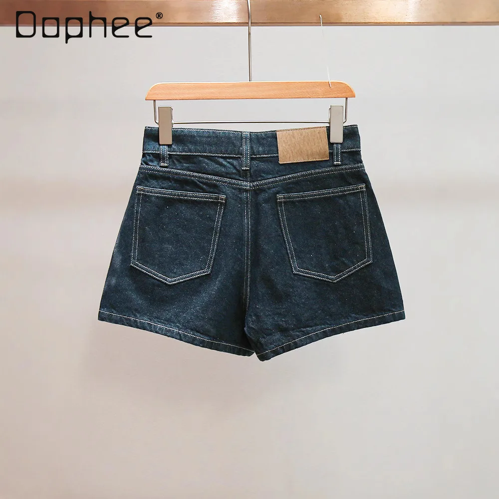 Estate nuovi pantaloncini casual retrò Spice Girl stile pendolare moda tinta unita versatili pantaloncini di jeans a vita alta pantaloncini a trapezio