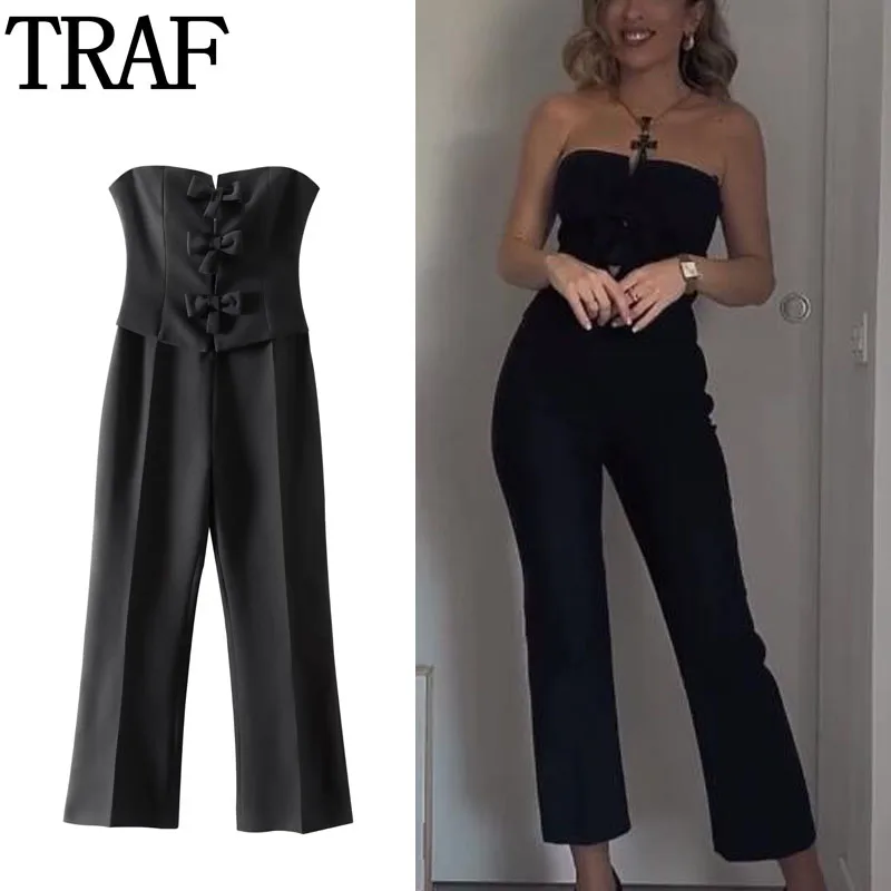 

TRAF Off Shoulder Black Jumpsuit Bowknot Cut Out Jumpsuits For Women Summer Backless Long Jumpsuit Woman Streetwear Romper