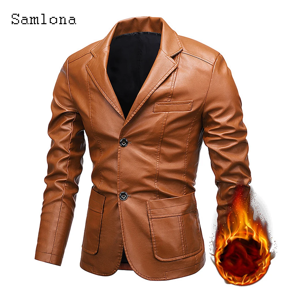 Samlona 2023 New Faux Pu Leather Jackets Men Stand Pocket Tops Outerwear Solid Khaki Basic Coats Slim Biker Jacket Mens Clothing