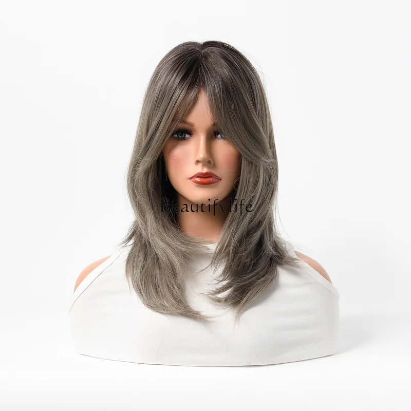 Highlights eight-character bangs gradual change color medium and long curly hair wig, chemical fiber high temperature silk