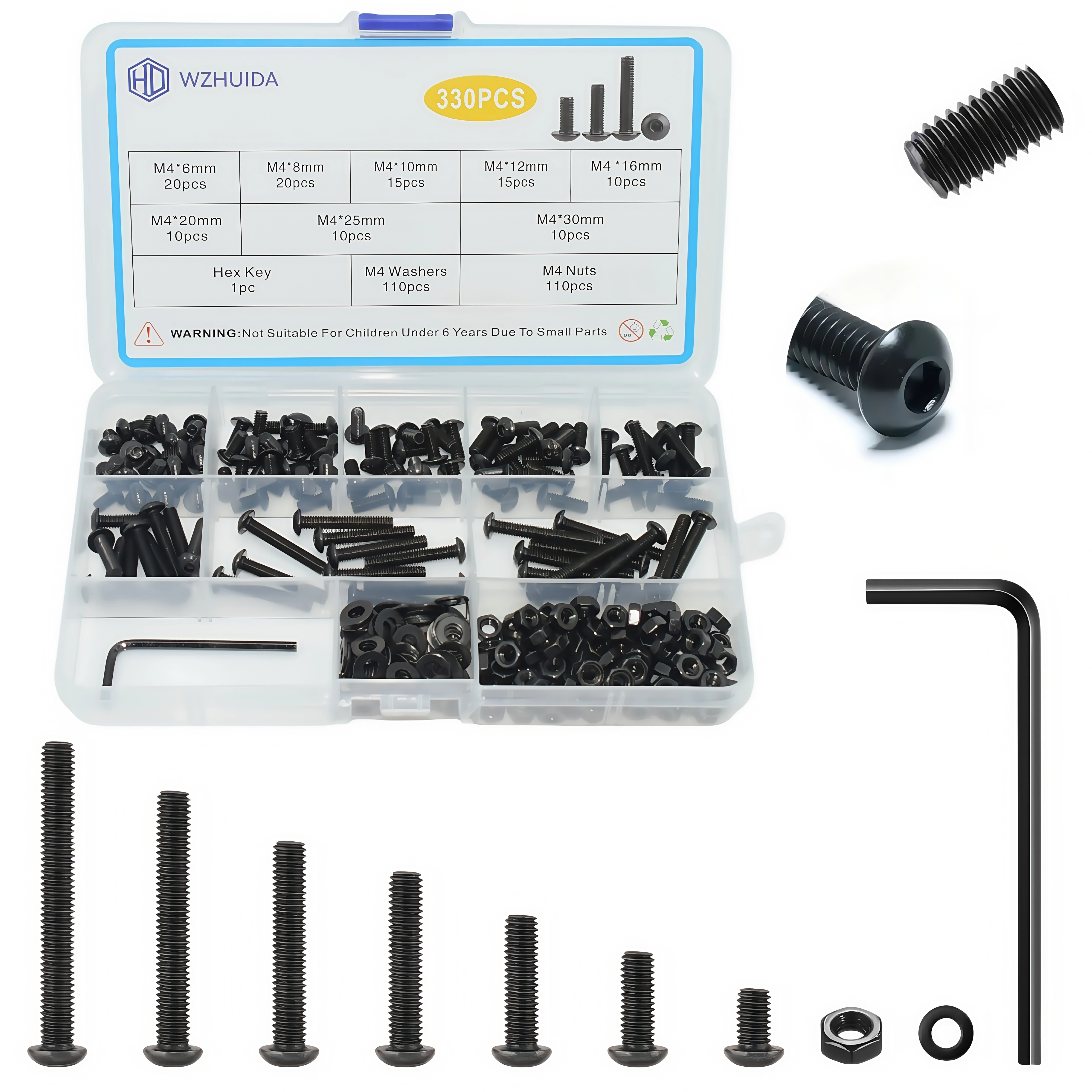

Набор из 330 шт. винтов M4, метрические винты с шестигранной головкой и головкой под торцевой ключ, гайки, шайбы, комплект с гаечным ключом, черное оцинкованное покрытие