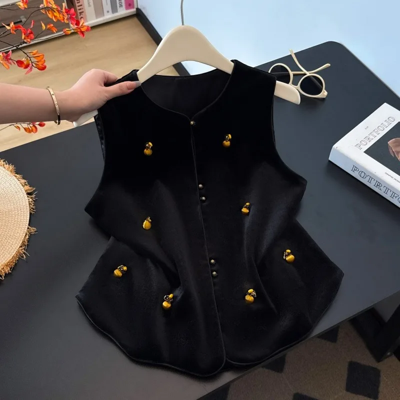 New Chinese Style Ancient Heavy Work Gold Button Shiny Velvet Women's Top Skirt Set Modified Traditional National Stage Costume