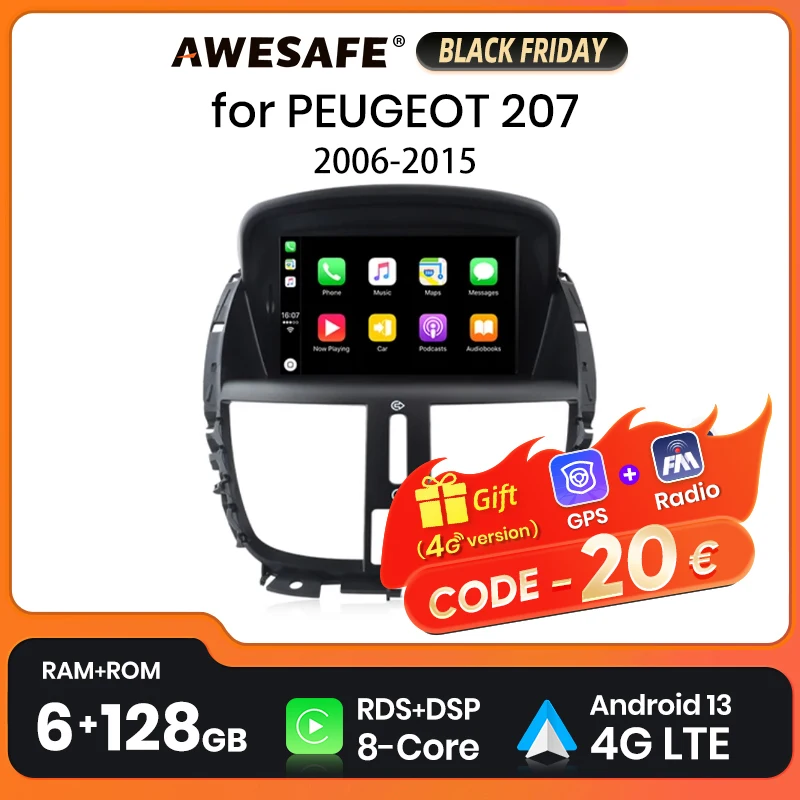 AWESAFE PX9 Wireless CarPlay Autoradio for PEUGEOT 207 207CC 2006-2015 Car Radio Multimidia Android Aut Car Intelligent Systems