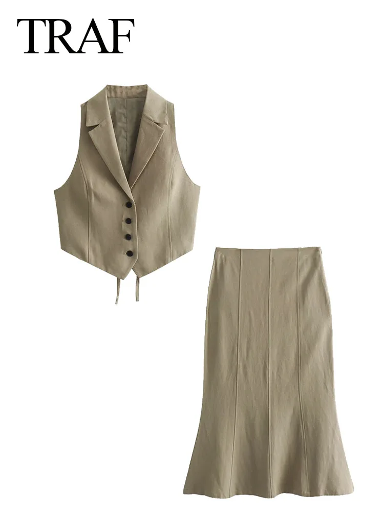 TRAF 2024 Woman Fashion Summer Solid Khaki Suit Turn-Down Collar Sleeveless Lace-Up Waistcoats+High Waist Zipper Skirts Street