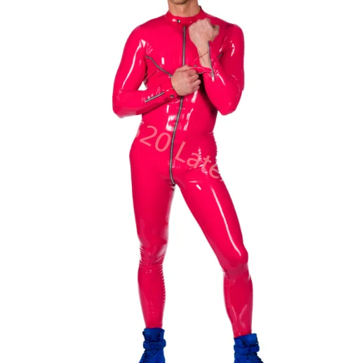 

Latex Rubber Gummmi High comfort Red Jumpsuit role play party hand customized 0.4mm With Leg Zipper