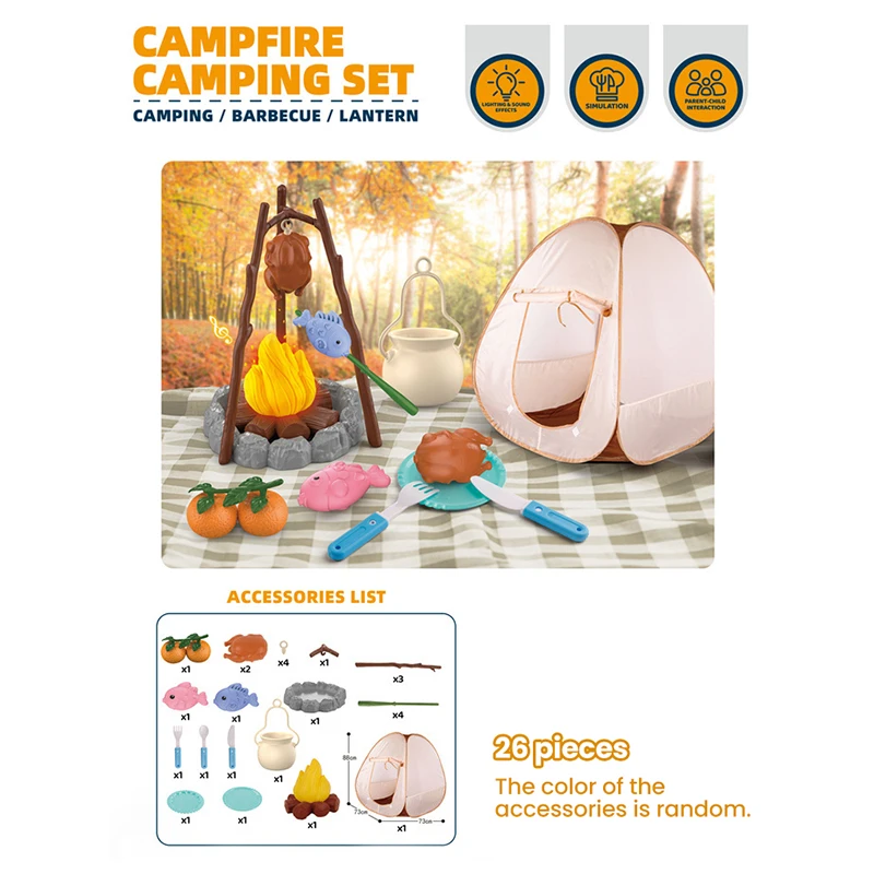 จําลอง Campfire Camping ชุดบาร์บีคิวผจญภัยกลางแจ้งเครื่องมือเต็นท์ชุดแสงและเสียงเด็กเล่นของเล่น