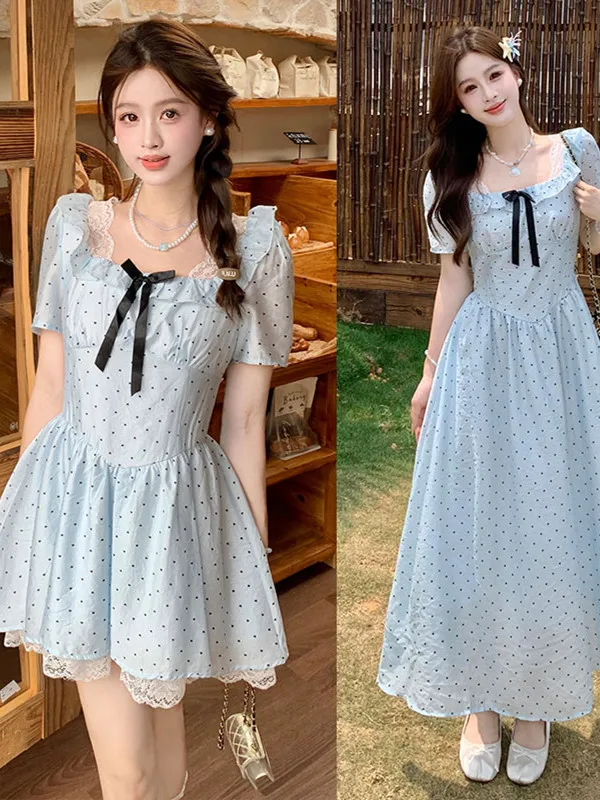 

plus Size Women's Sweet Sle Blue Polka Dot Strap Dr Summer New Waist Cinching Knot Long Dr Korean Version S...