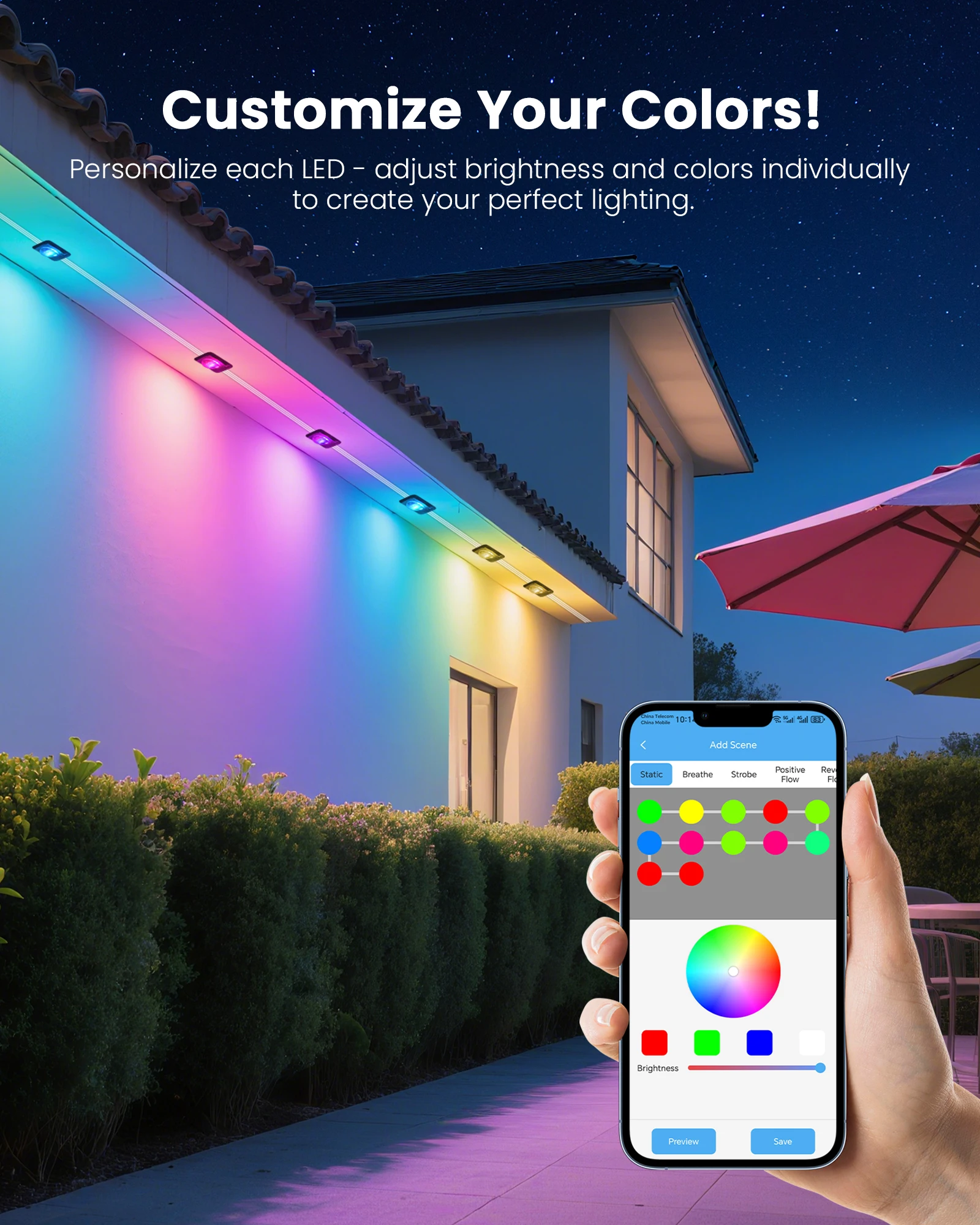 50FT 18LED Permanent Outdoor Eaves LED Lights Waterproof Smart RGBIC String Lights Music Sync Timer DIY Scene Holiday Lighting