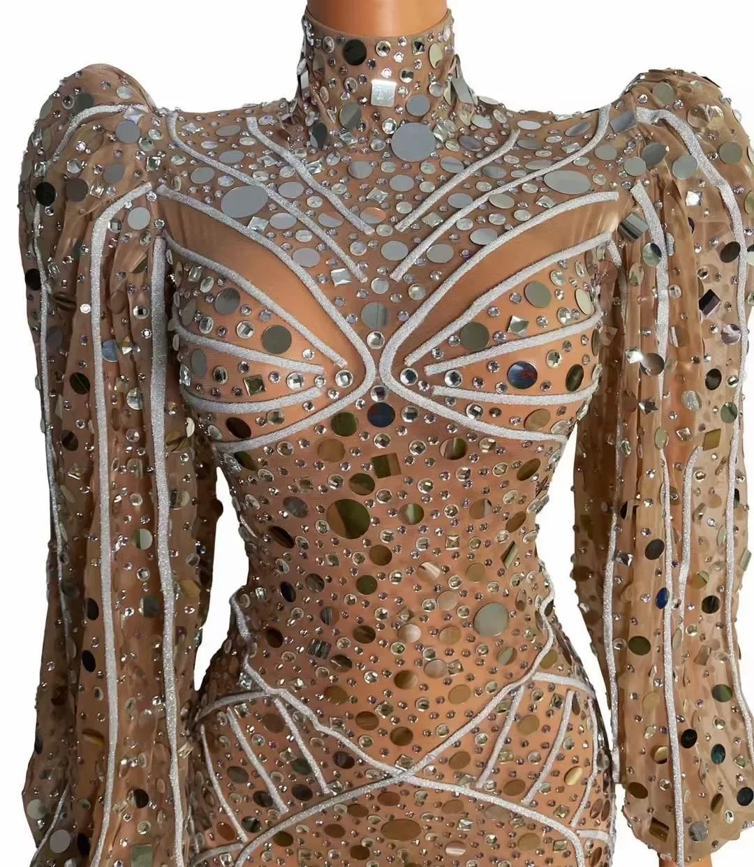 Vestido Sexy de moda para mujer, lentejuelas brillantes, diamantes de imitación, mangas abullonadas, tela para fiesta de noche, disfraz de cantante para actuación y espectáculo