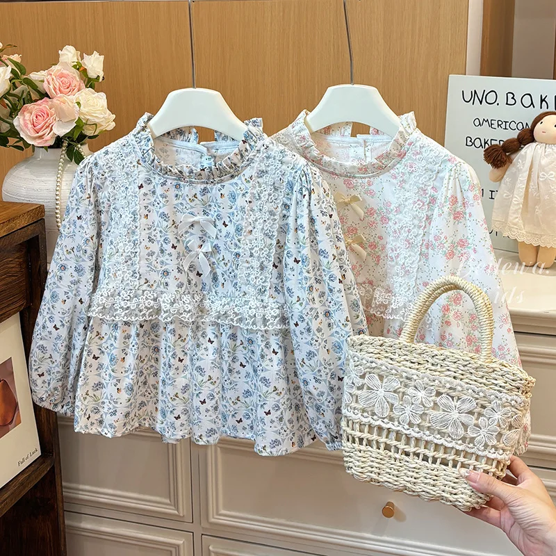 

Детские рубашки UNITIM для девочек с цветочным принтом, французские милые детские рубашки с воротником Питер Пэн, хлопковый топ с кружевным бантом для малышей